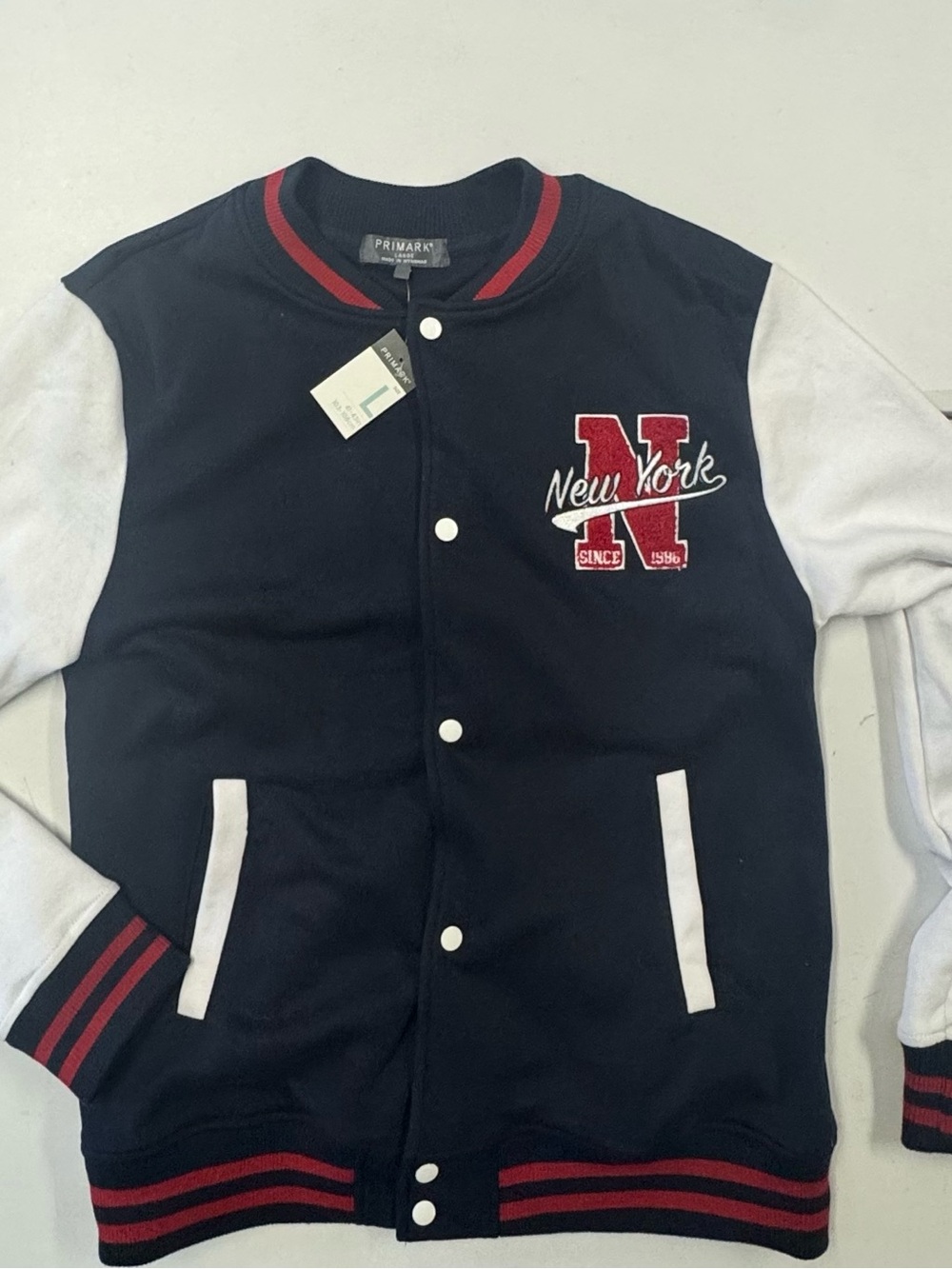 Primark Navy and White Varsity Bomber Jacket with Red Accents
